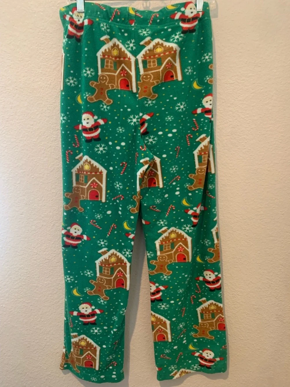 Green Holiday Pajama. 2 Pants with Santa & Gingerbread Print NWOT  1 Lg / 1 Med.